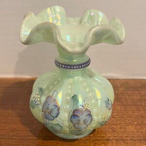 Fenton Iridized Sea Green Beaded Melon Pansies Vase Signed Frank & Tom Fenton